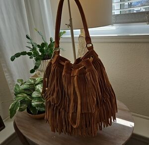 FRYE AND CO. Brown Suede Fringe Bucket Shoulder Bag